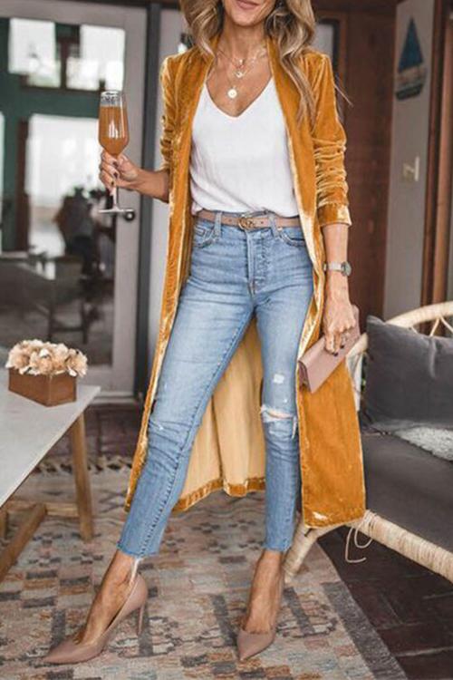 Solid Lapel Open Front Long Velvet Coat