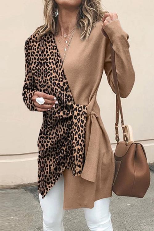 V Neck Leopard Splice Wrapped Outwear