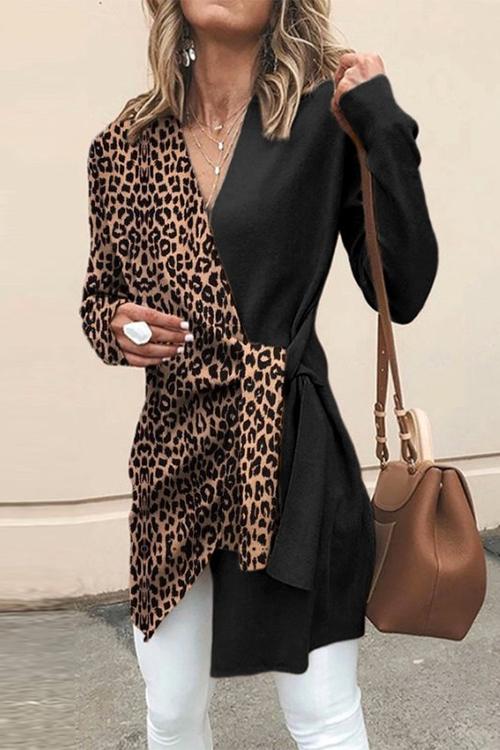 V Neck Leopard Splice Wrapped Outwear