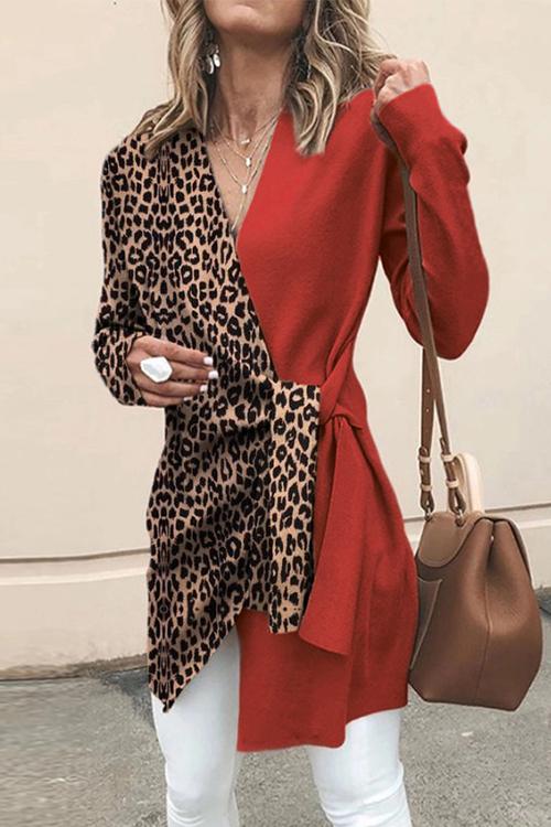 V Neck Leopard Splice Wrapped Outwear