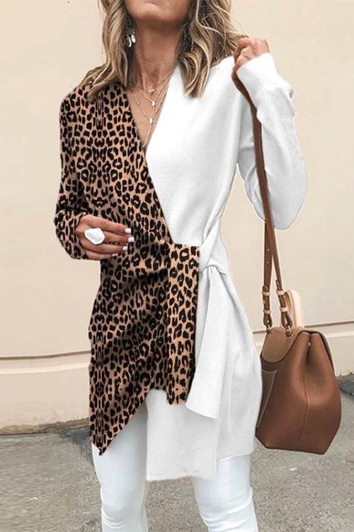 V Neck Leopard Splice Wrapped Outwear