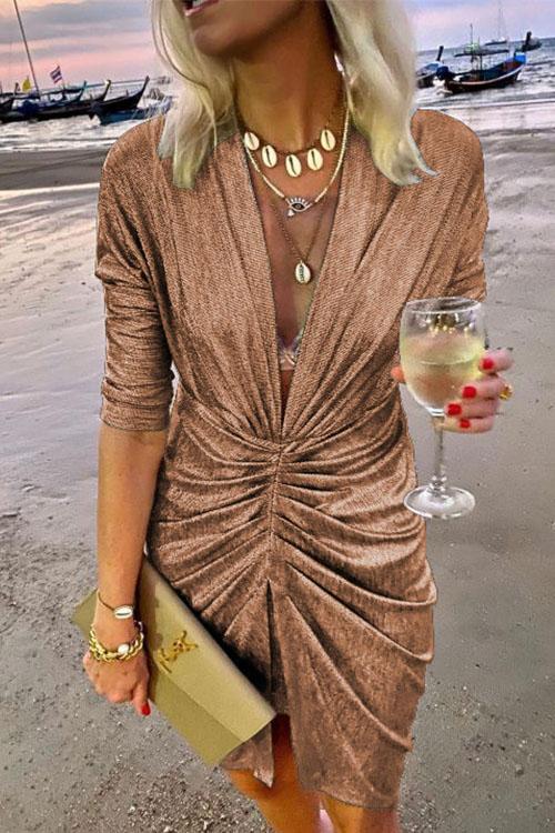 Deep V Neck Long Sleeve Ruched Glitter Dress
