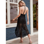 Halter Neck Floral Lace High Low Hem Sleeveless Cocktail Dress
