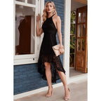 Halter Neck Floral Lace High Low Hem Sleeveless Cocktail Dress