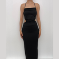 Solid hollow out drawstring backless halter maxi dress