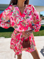 Floral Print Deep V-Neck Lantern Sleeve Tiered Ruffle Mini Dress