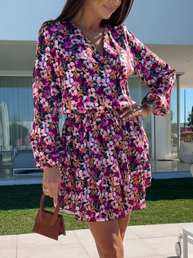 Floral Print Deep V-Neck Lantern Sleeve Tiered Ruffle Mini Dress