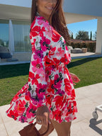 Floral Print Deep V-Neck Lantern Sleeve Tiered Ruffle Mini Dress