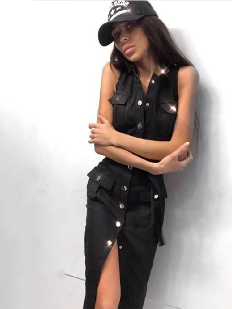 Sleeveless Button Front Belted Cargo Pocket Utility Midi Dress