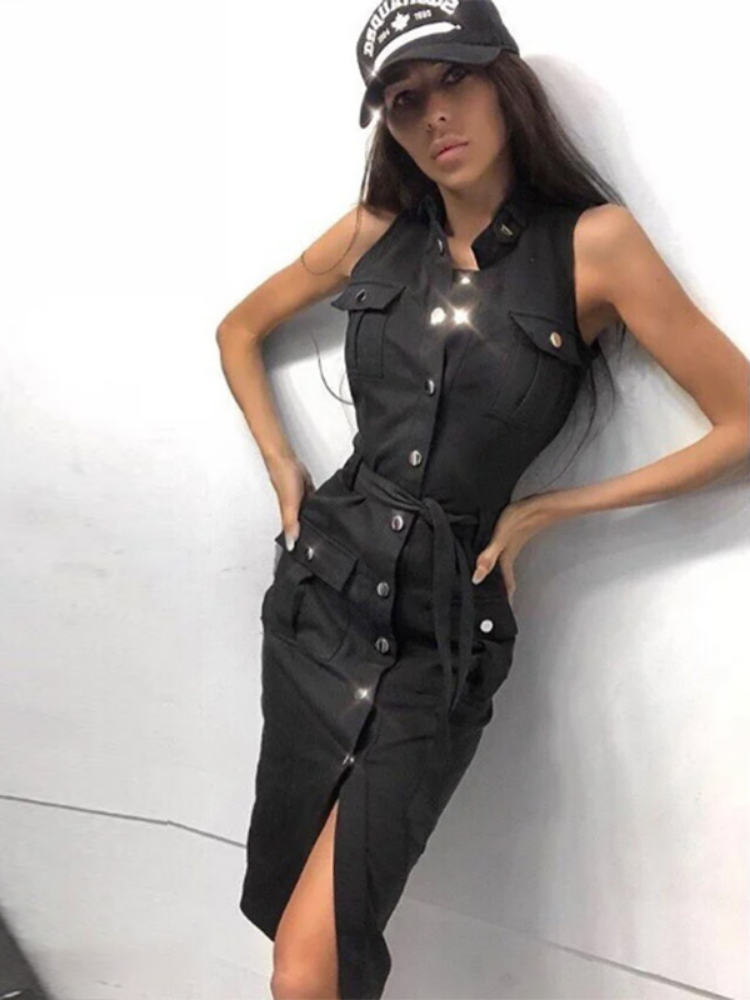 Sleeveless Button Front Belted Cargo Pocket Utility Midi Dress