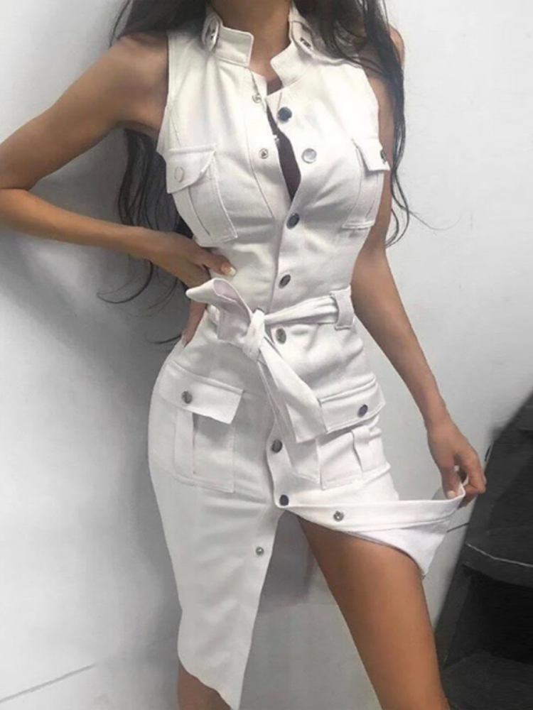 Sleeveless Button Front Belted Cargo Pocket Utility Midi Dress