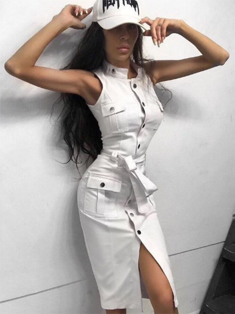 Sleeveless Button Front Belted Cargo Pocket Utility Midi Dress
