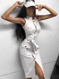 Sleeveless Button Front Belted Cargo Pocket Utility Midi Dress