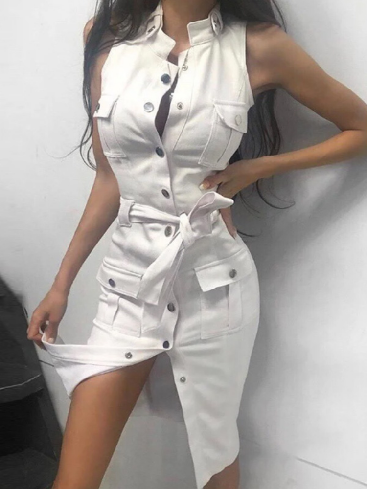 Sleeveless Button Front Belted Cargo Pocket Utility Midi Dress