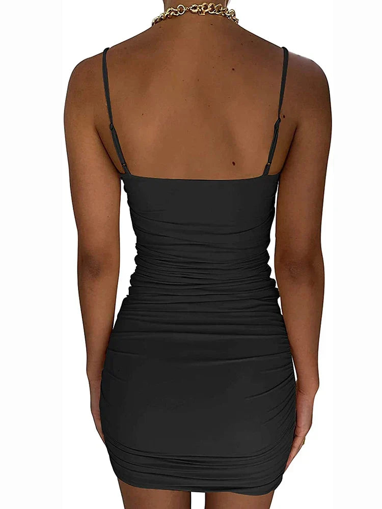 Sweetheart Keyhole Tie Front Ruched Spaghetti Strap Bodycon Mini Dress
