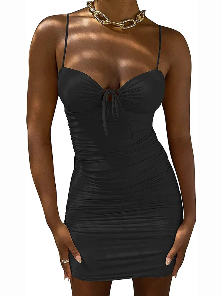 Sweetheart Keyhole Tie Front Ruched Spaghetti Strap Bodycon Mini Dress