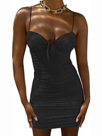 Sweetheart Keyhole Tie Front Ruched Spaghetti Strap Bodycon Mini Dress