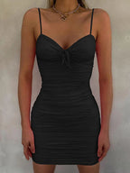 Sweetheart Keyhole Tie Front Ruched Spaghetti Strap Bodycon Mini Dress
