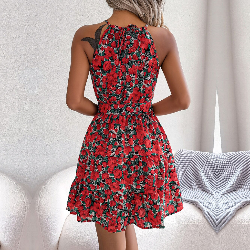 Halter Tie Belt Tiered Ruffle Hem Floral Mini Dress