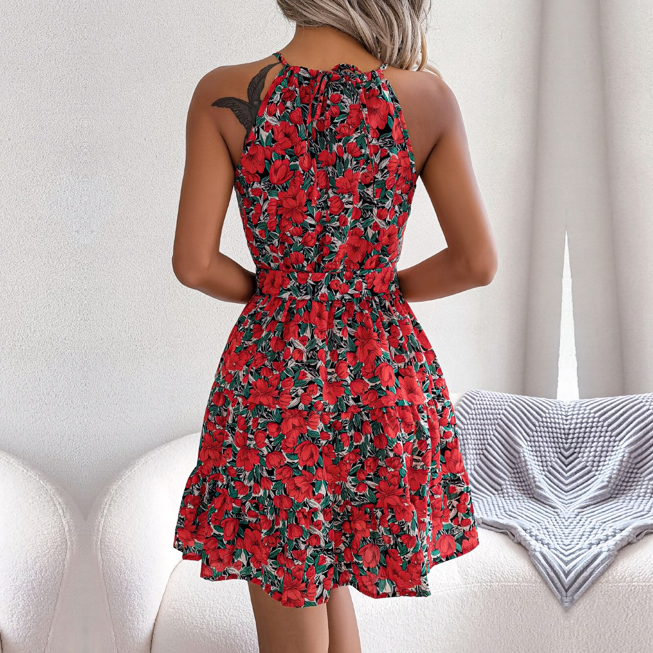 Halter Tie Belt Tiered Ruffle Hem Floral Mini Dress