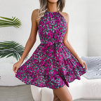 Halter Tie Belt Tiered Ruffle Hem Floral Mini Dress