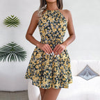 Halter Tie Belt Tiered Ruffle Hem Floral Mini Dress