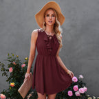 Ruffle Trim Tie Neck Elastic Waist A-Line Mini Dress