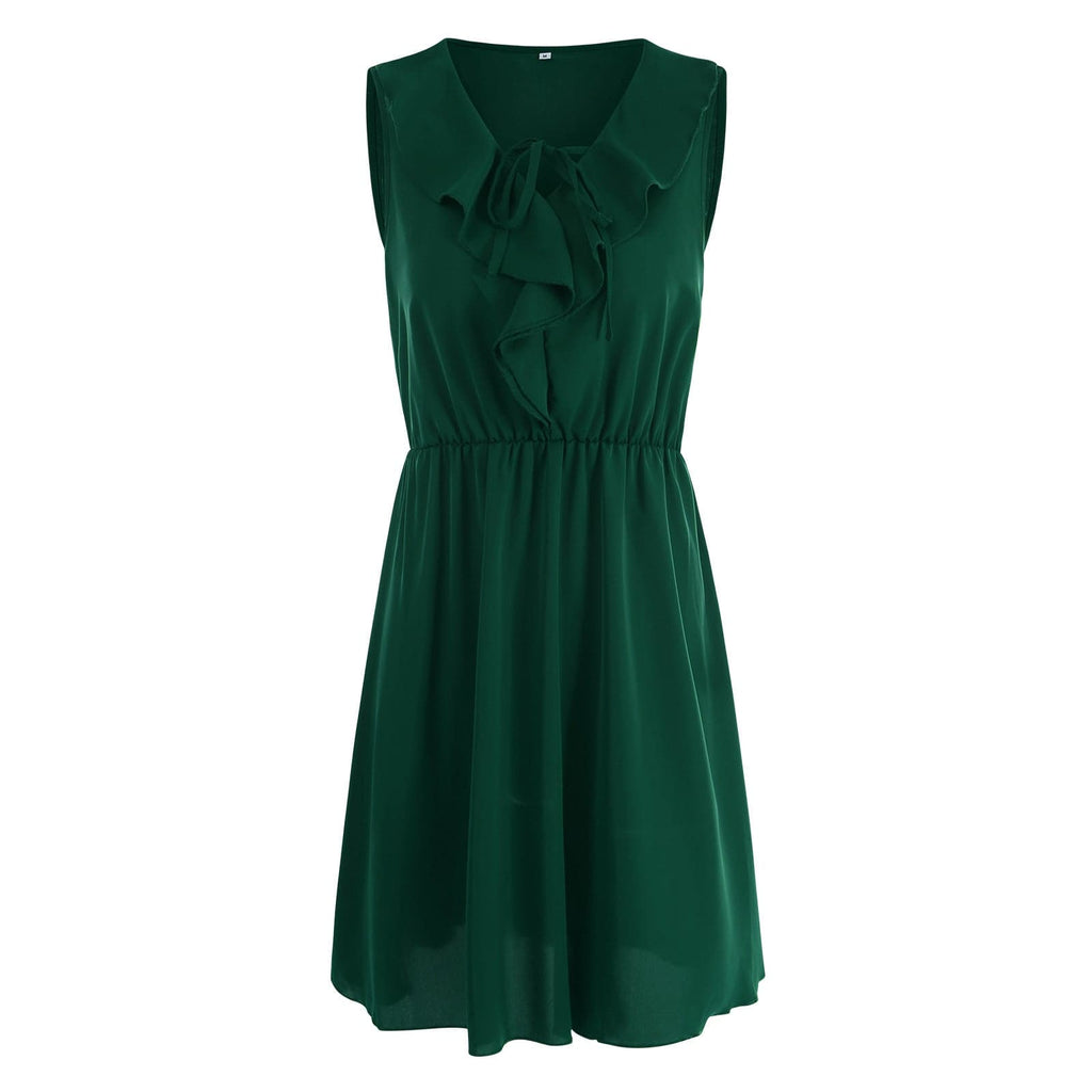 Ruffle Trim Tie Neck Elastic Waist A-Line Mini Dress