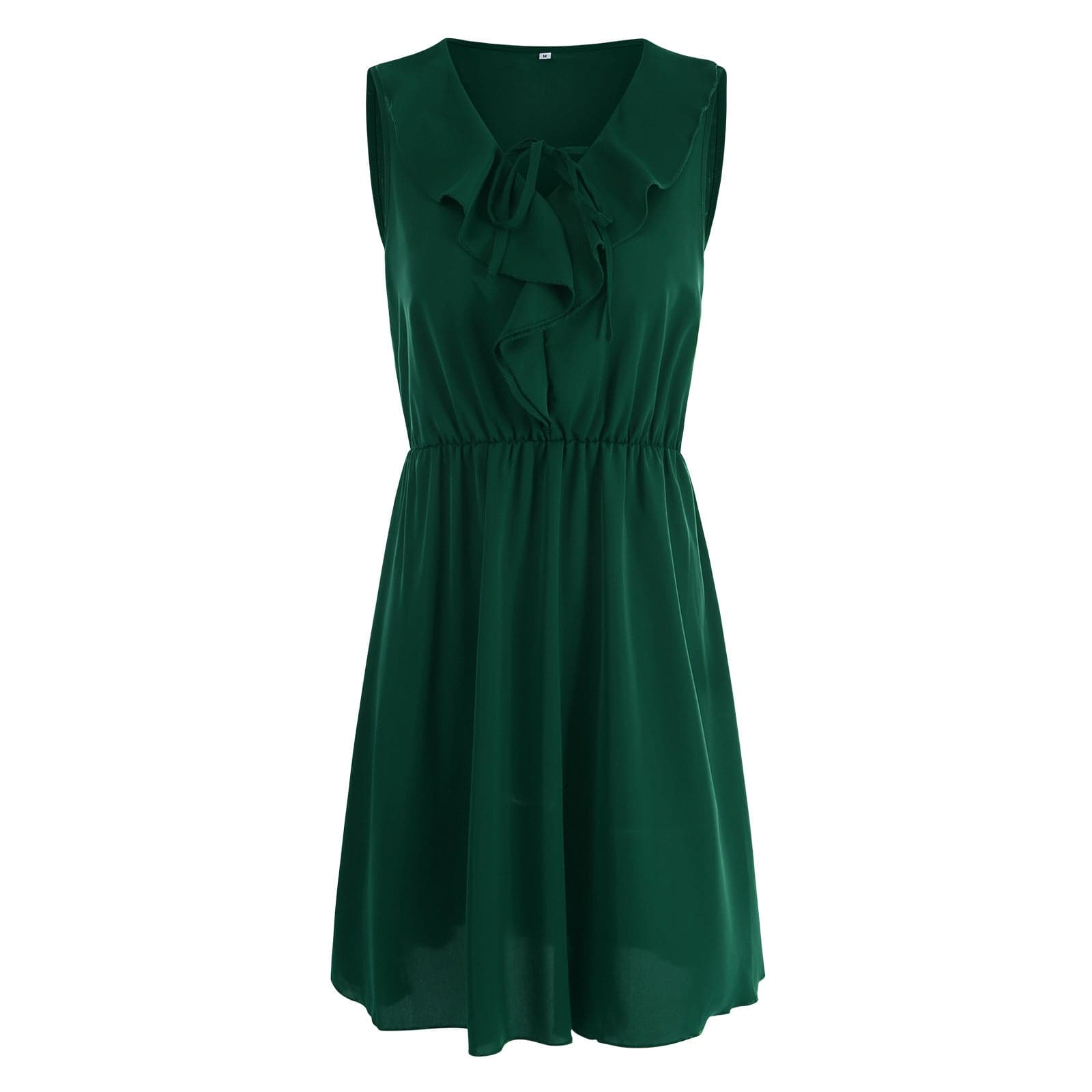 Ruffle Trim Tie Neck Elastic Waist A-Line Mini Dress