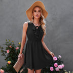 Ruffle Trim Tie Neck Elastic Waist A-Line Mini Dress