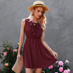 Ruffle Trim Tie Neck Elastic Waist A-Line Mini Dress