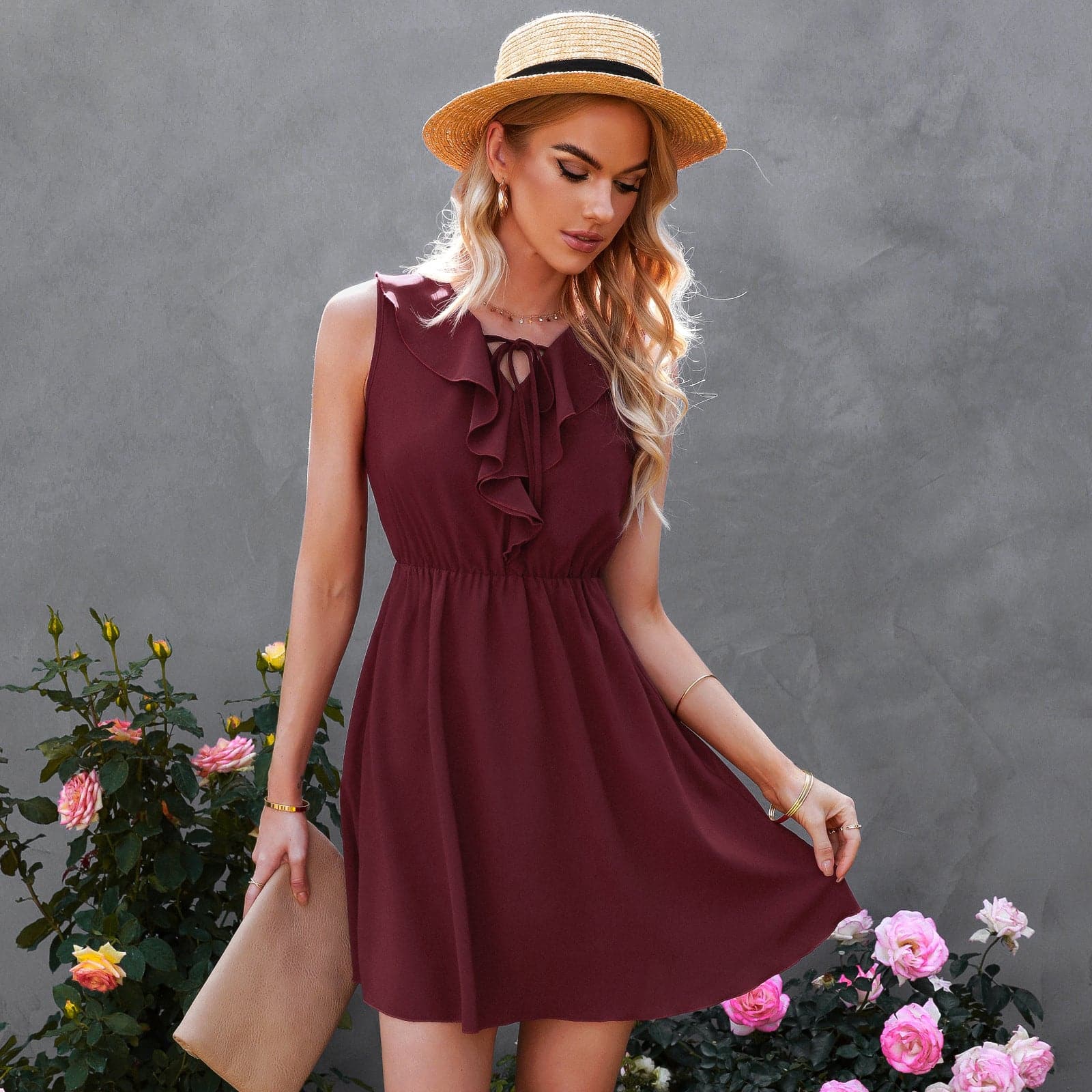 Ruffle Trim Tie Neck Elastic Waist A-Line Mini Dress