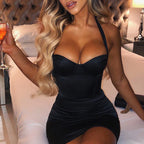 Rhinestone Strap Satin V-Neck Fringe Trim High Slit Bodycon Mini Dress