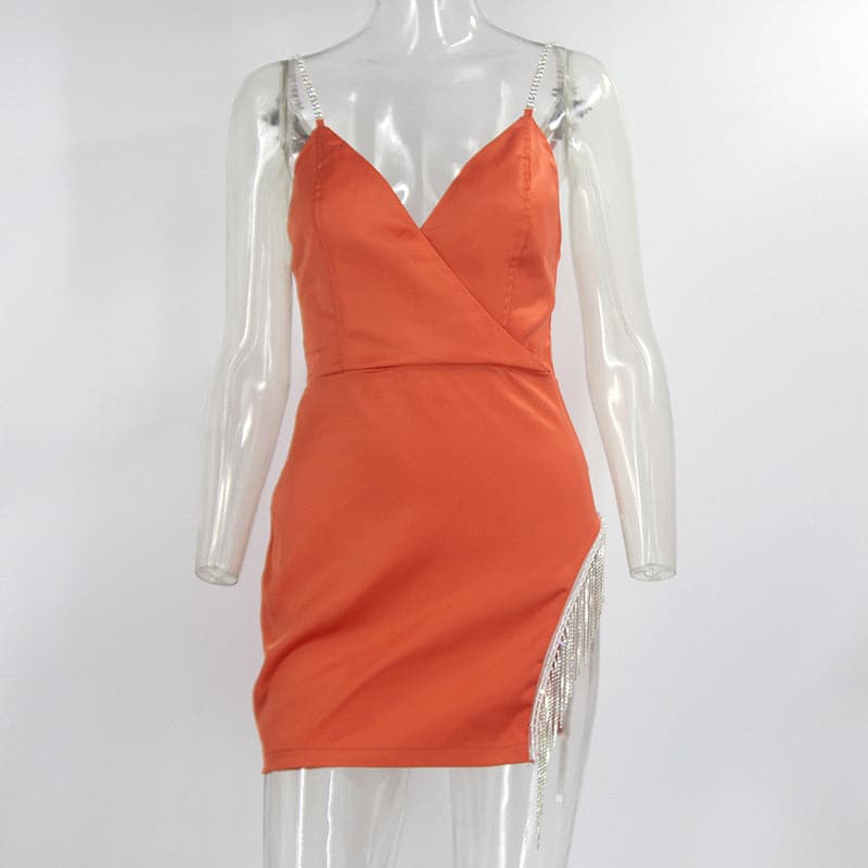 Rhinestone Strap Satin V-Neck Fringe Trim High Slit Bodycon Mini Dress