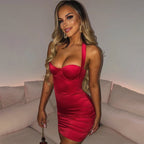 Rhinestone Strap Satin V-Neck Fringe Trim High Slit Bodycon Mini Dress