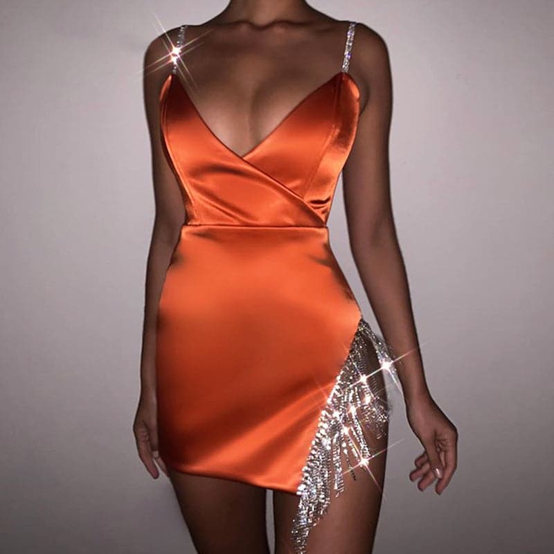 Rhinestone Strap Satin V-Neck Fringe Trim High Slit Bodycon Mini Dress