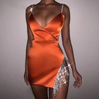 Rhinestone Strap Satin V-Neck Fringe Trim High Slit Bodycon Mini Dress