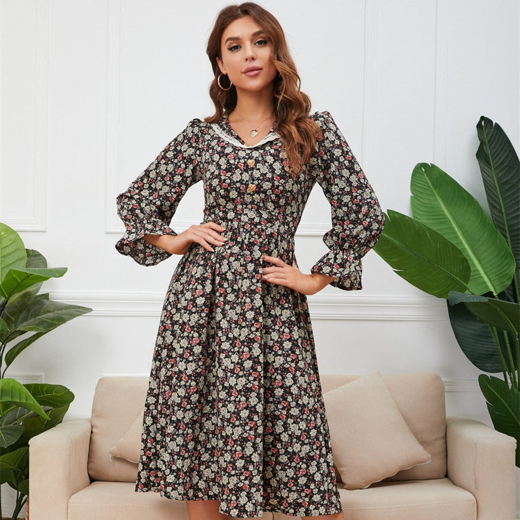 Ditsy Floral Print Lace Collar Long Sleeve Ruffle Cuff A-Line Midi Dress