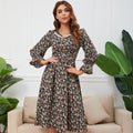 Ditsy Floral Print Lace Collar Long Sleeve Ruffle Cuff A-Line Midi Dress