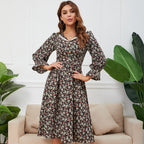 Ditsy Floral Print Lace Collar Long Sleeve Ruffle Cuff A-Line Midi Dress