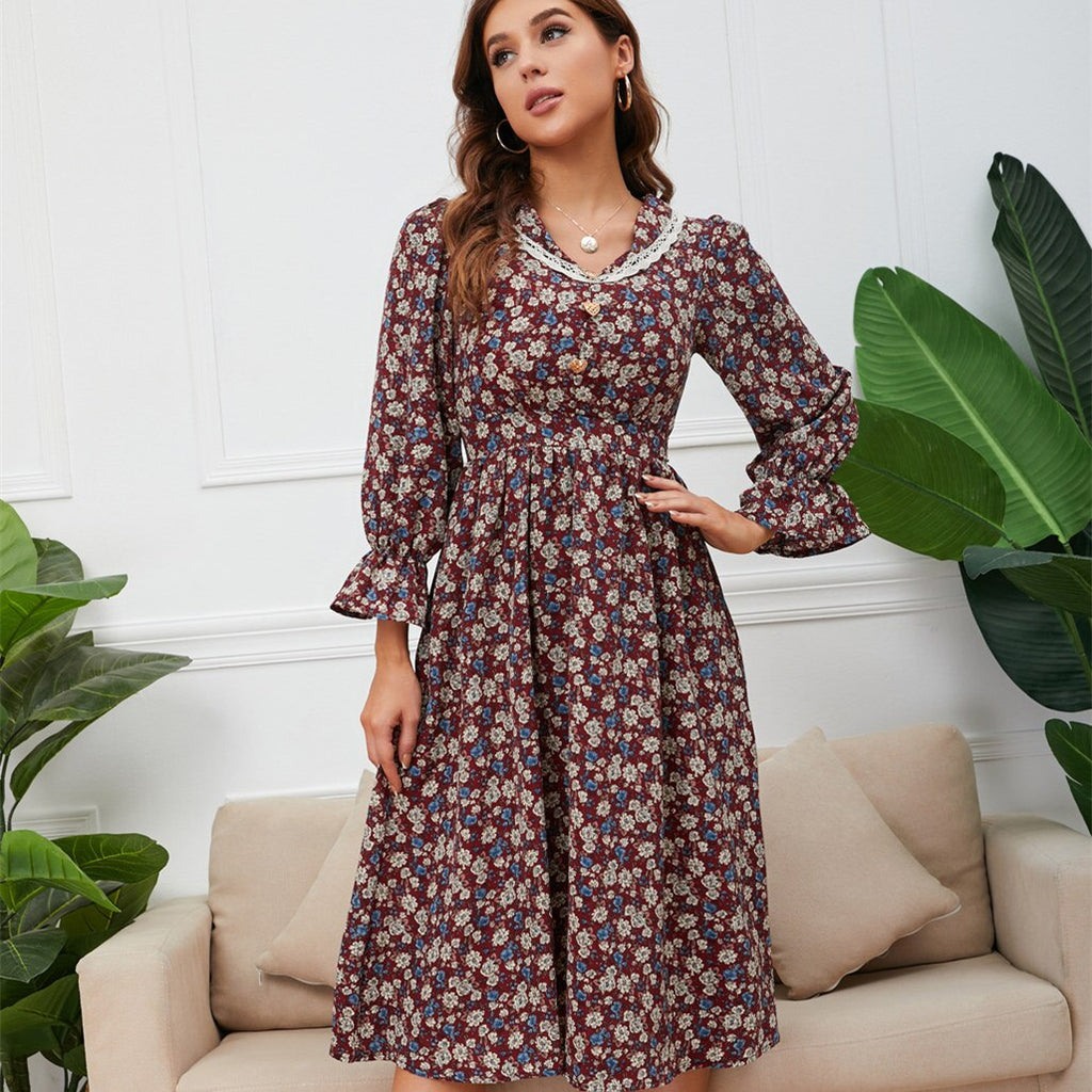 Ditsy Floral Print Lace Collar Long Sleeve Ruffle Cuff A-Line Midi Dress