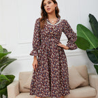 Ditsy Floral Print Lace Collar Long Sleeve Ruffle Cuff A-Line Midi Dress
