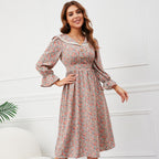 Ditsy Floral Print Lace Collar Long Sleeve Ruffle Cuff A-Line Midi Dress