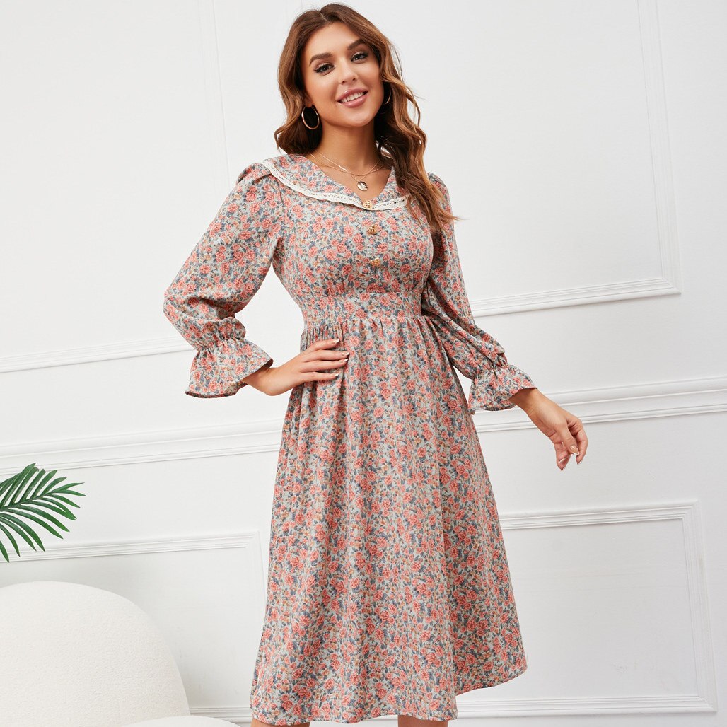 Ditsy Floral Print Lace Collar Long Sleeve Ruffle Cuff A-Line Midi Dress