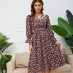 Ditsy Floral Print Lace Collar Long Sleeve Ruffle Cuff A-Line Midi Dress
