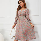 Ditsy Floral Print Lace Collar Long Sleeve Ruffle Cuff A-Line Midi Dress