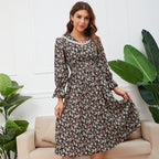 Ditsy Floral Print Lace Collar Long Sleeve Ruffle Cuff A-Line Midi Dress