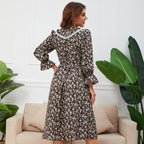Ditsy Floral Print Lace Collar Long Sleeve Ruffle Cuff A-Line Midi Dress