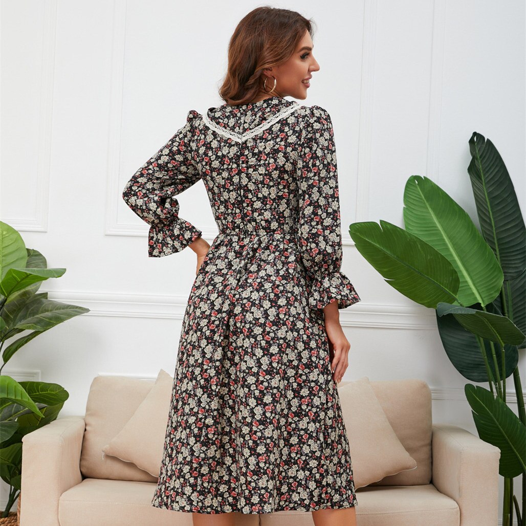 Ditsy Floral Print Lace Collar Long Sleeve Ruffle Cuff A-Line Midi Dress