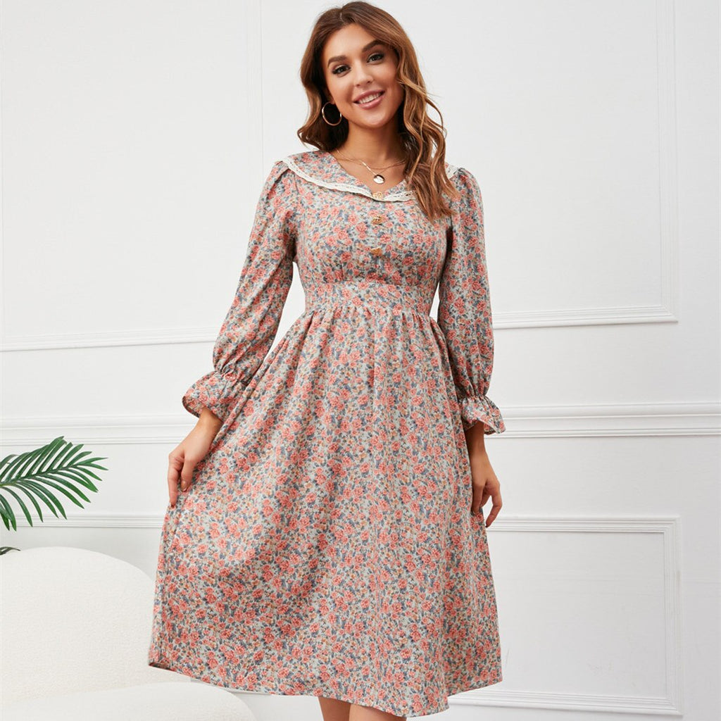 Ditsy Floral Print Lace Collar Long Sleeve Ruffle Cuff A-Line Midi Dress
